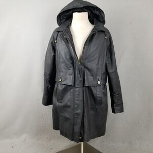Comint Coat Womens Medium Black Leather Hooded Zip Quilted Lined Parka